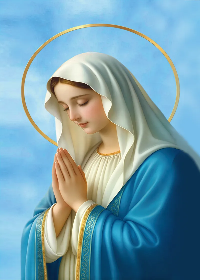 Virgin Mary praying with a gold halo, blue mantle and white veil