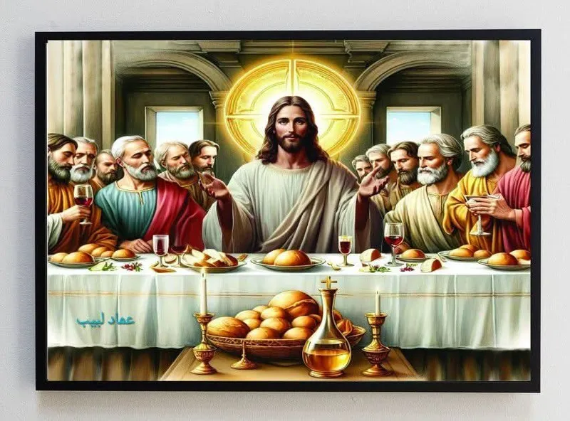Last Supper with Christ centred under a gold cross halo, bread and wine on the table