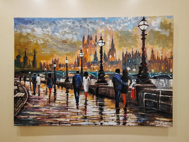 Palette knife painting of a rain-slick London bridge at sunset with Westminster behind