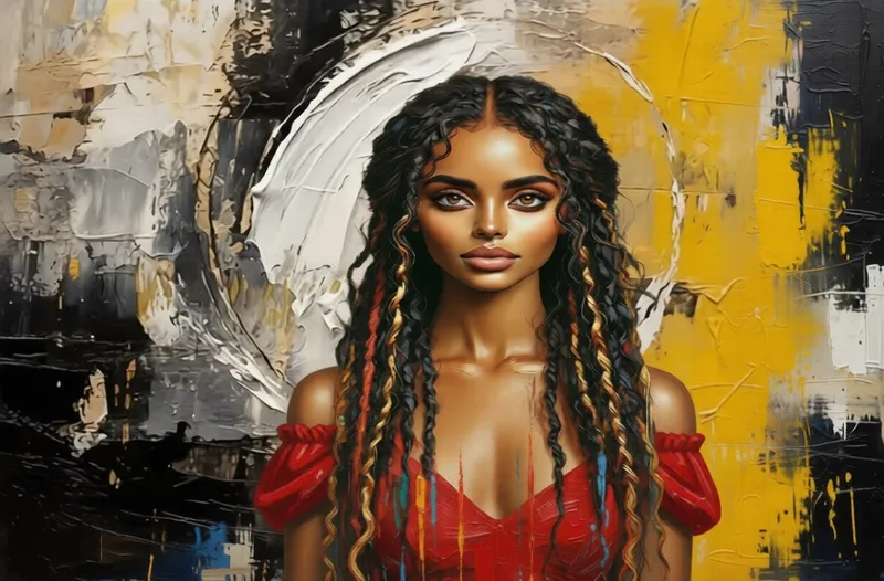Modern portrait of a young woman with long braided hair in a red dress against a yellow and black abstract background