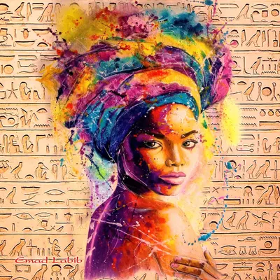 Square African portrait with watercolor headwrap, largest version in the series